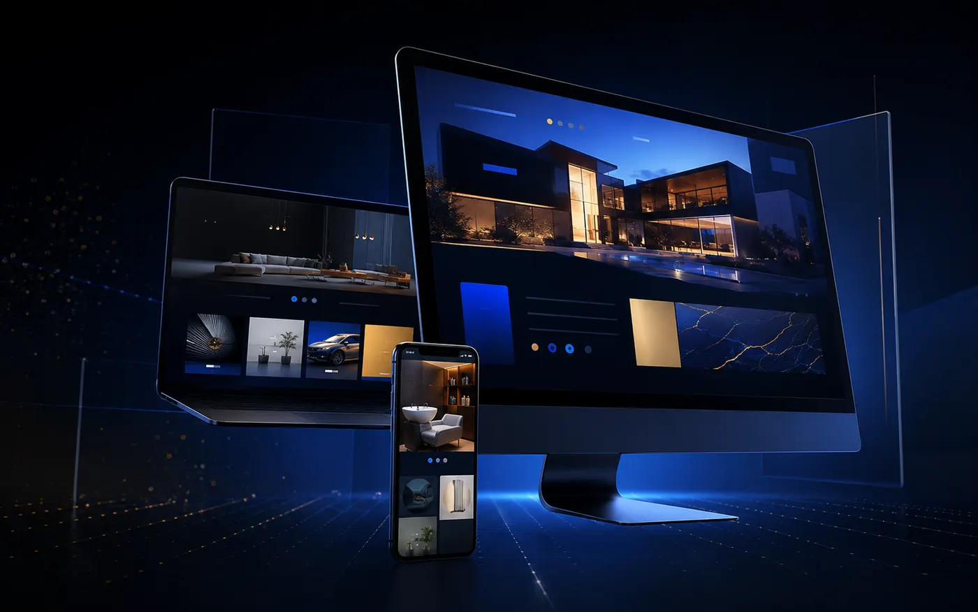 Interfaccia web premium progettata da PixelForge, visualizzata su desktop, laptop e smartphone